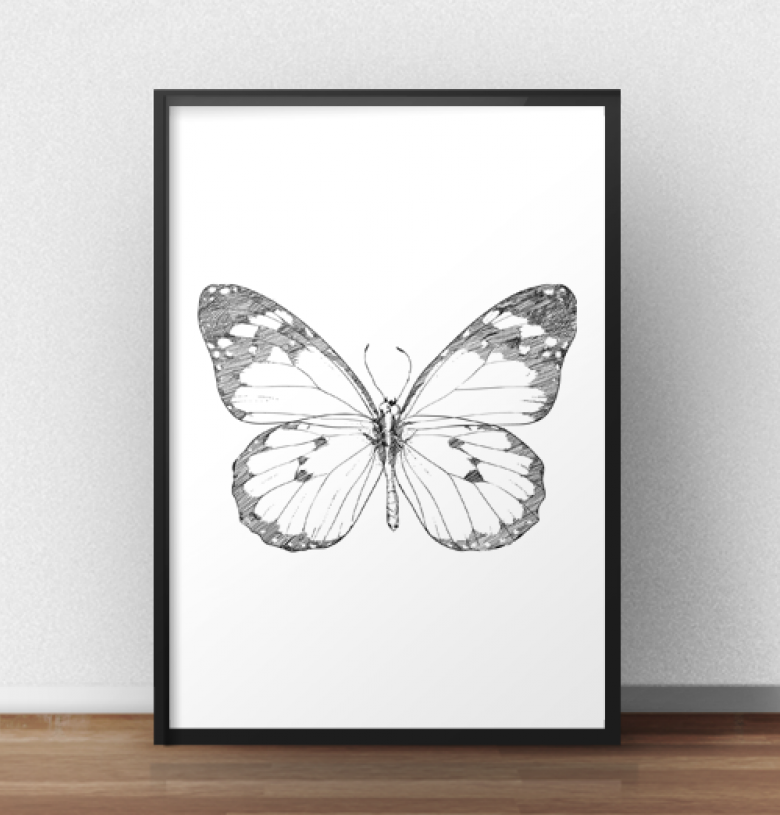 Plakat z naszkicowanym motylem w stylu skandynawskim