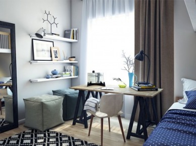 Skandynawskie biurko na drewnianych kozłach,kwadratowe pufy,półki  białe na ścianie i stojące prostokatne lustro w sypialni (26874)
