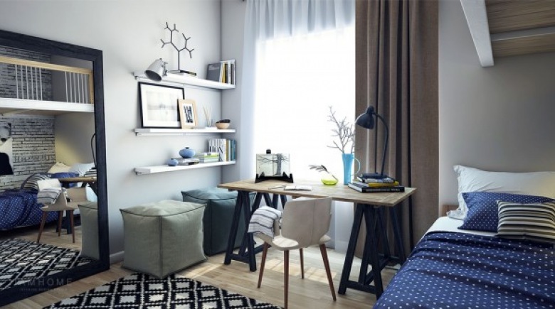 Skandynawskie biurko na drewnianych kozłach,kwadratowe pufy,półki  białe na ścianie i stojące prostokatne lustro w sypialni (26874)