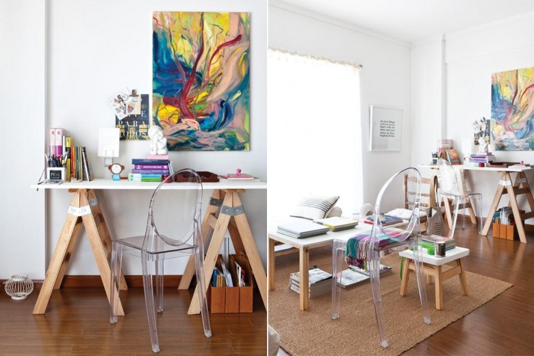 Skandynawskie biurko na kozlach, przexroczyste krzesło i nowoczesny kolorowy obraz (23658)