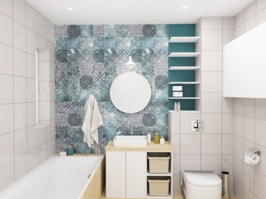 Jak łączyć wzorzyste płytki z turkusową farbą na ścianie w łazience ? (48361)