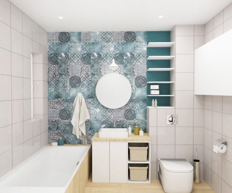 Jak łączyć wzorzyste płytki z turkusową farbą na ścianie w łazience ? (48361)