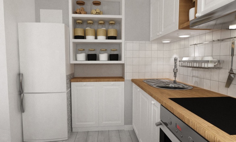 Białe szafki w kuchni i ogólny charakter kojarzą się z łagodnością i spokojem. Drewno urozmaica tę jasną przestrzeń i...