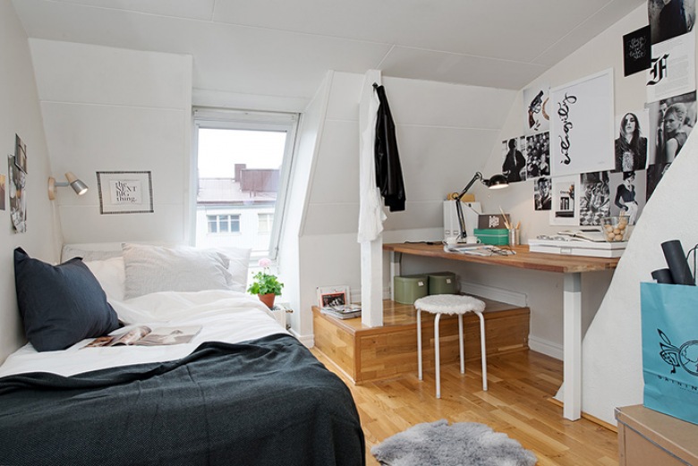 Pomysł na małą sypialnię z kącikiem biurowym (20809)
