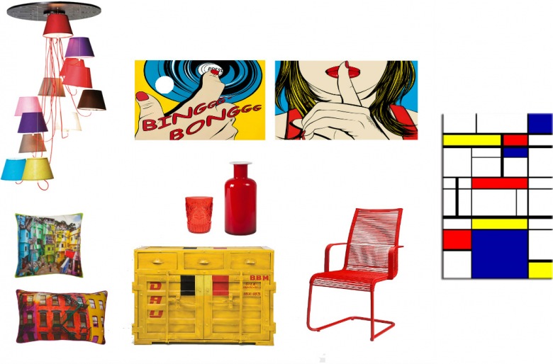 Op-art we wnętrzach,op art deoracje,czerwone deoracje,kolorowe dodatki do wnętrz, plakaty lata 60-te,żółta komoda,kolorowe abażury,kolorowa lampa, (32918)