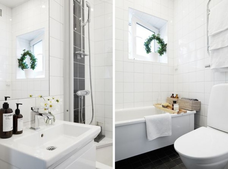 Biało-czarna łazienka,małe mieszkanie,47m w stylu skandynawskim,jak urządzic małe mieszkanie (33780)