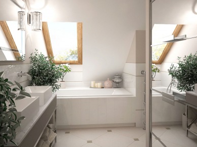 Biało-szara łazienka ze skośną ścianą z oknem i lustrzaną szafą (26048)