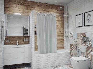 Drewno na ścianie i wzorzysta podłoga w łazience (52551)