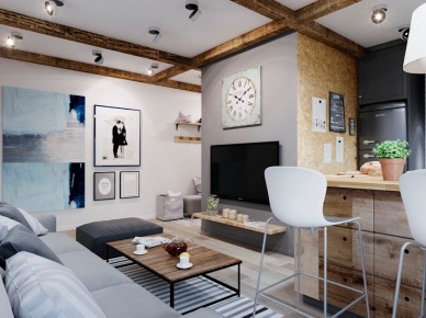 Mały salon w stylu eklektycznym z drewnianymi belkami przy suficie (54787)