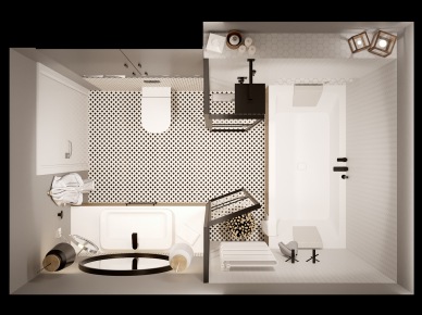 Projekt łazienki ze strefą kąpielową wydzieloną ścianką (55473)