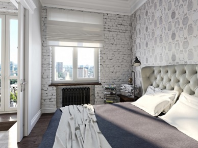 Projekt sypialni ze ścianą z białej cegły i z graficzna tapetą w biało-czarnym kolorze (20863)