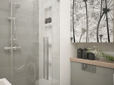 Biało-szara łazienka łazienka z motywem kwiatowym, z detalami z drewna i fototapetą na drzwiach szafek łazienkowych (26024)