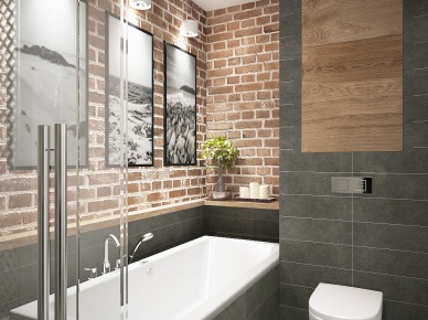 Łazienka w stylu loft z czereoną cegłą na ścianach i szarymi płytkami (26043)