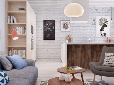 kolejny doskonały projekt mieszkania dla młodych ludzi - to wizualizacja 3d mieszkania w stylu skandynawskim. Funkcjonalne mieszkanie w pastelowych barwach od koloru białej cegły, naturalnego drewna po odcienie błękitu i szarości.Gdzieniegdzie tylko można zauważyć kolorowy kontrapunkt w czerwieni - to 100% skandynawskiego stylu i designu.Piękne, proste i funkcjonale z doskonale zagospodarowaną małą przestrzenią. Otwarta na salon kuchnia z jadalnią, kącik biurowy ukryty fenomenalnie za pólkami z książkami i radosna sypialnia. W łazience mamy wolnostojącą wannę, kabinę prysznicową i drabinkę z półkami na akcesoria łazienkowe. Łazienka została zaaranżowana w kolorach szarości, brudnego, zielonkawego błękitu i uzupełniona ciepłem naturalnej barwy drewna. Estetycznie, schludnie i wyjątkowo miło ! Funkcjonalnie, ciekawie i bez zadęcia - oto sedno skandynawskiego stylu...