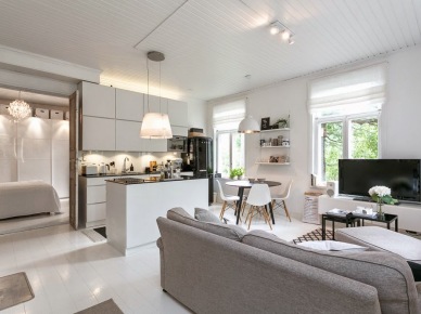 Salon połączony z kuchnią w otwartej zabudowie skandynawskiego domku (47921)