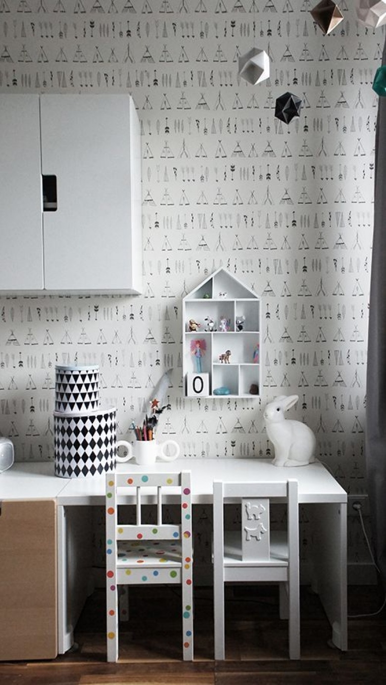Graficzne tapety na ścianie w pokoju dziecięcym,białe biurko i szafka wisząca,białe krzesełko dziecięce ponmalowane w kolorowe kropki (28502)