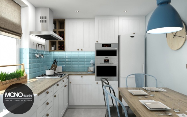 Aranżacja małej i funkcjonalnej kuchni w pięknej palecie barw - inspiracje z bielą, błękitem i grafitem :) (49839)