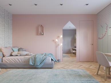 Bardzo duży pokój dziecięcy w pastelowych kolorach z drewnianą podłogą (53054)