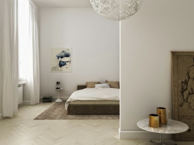 Biało-beżowa sypialnia w otwartym widoku mieszkania z ażurową kulistą lampą i okrągłym małym stolikiem (25719)