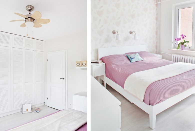 Romantyczna aranżacja sypialni, która bazuje na śnieżnej bieli urozmaiconej różową narzutą na łóżko. Pozostałe elementy...
