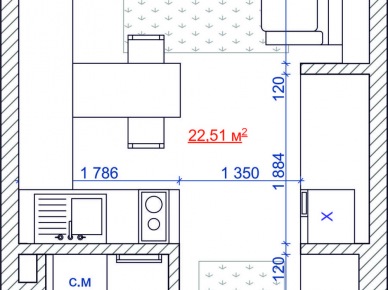 Plan urządzenia małej kawalerki 26,3 m2 (48667)