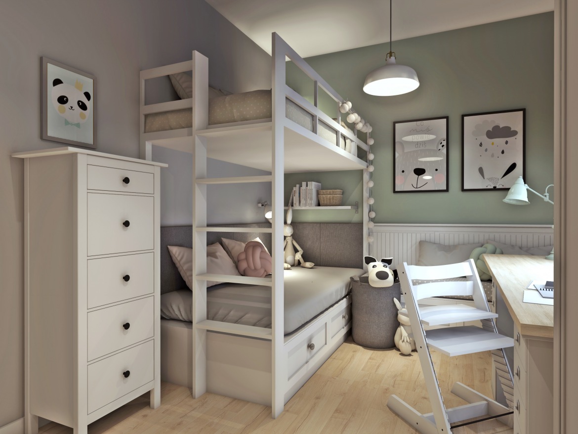 Dwupiętrowe łóżko w pastelowym pokoju dla dzieci (55085)
