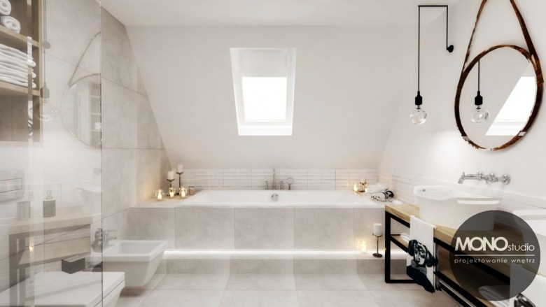 Łazienka na poddaszu przemienia się w relaksujący pokój kąpielowy, głównie za sprawą eleganckich dodatków. Romantyczne...