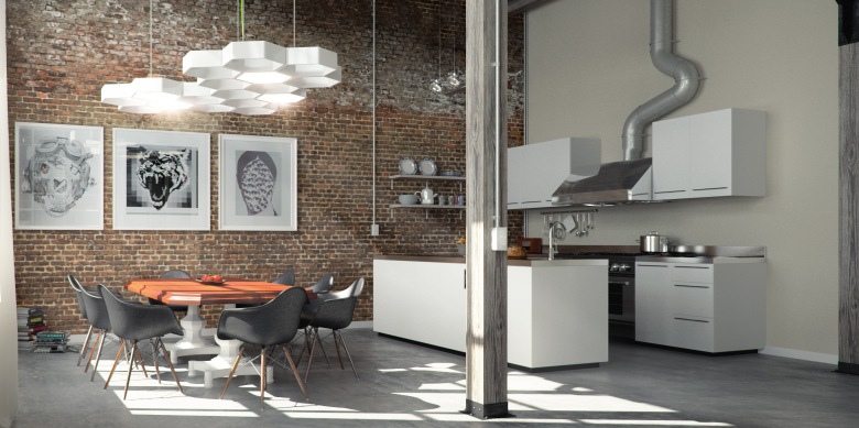 wizualizacja 3D wnętrza typu loft - desingerska, nowoczesna i ze smakiem. Wysokie pomieszczenie W BETONIE, CZERWONEJ...