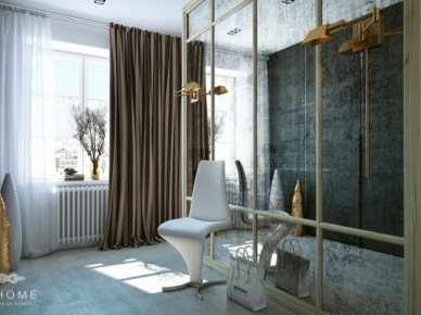 Lustrzana ściana , beżowe zasłony,nowoczesne krzesło i złote detale w aranżacji przedpokoju (26892)