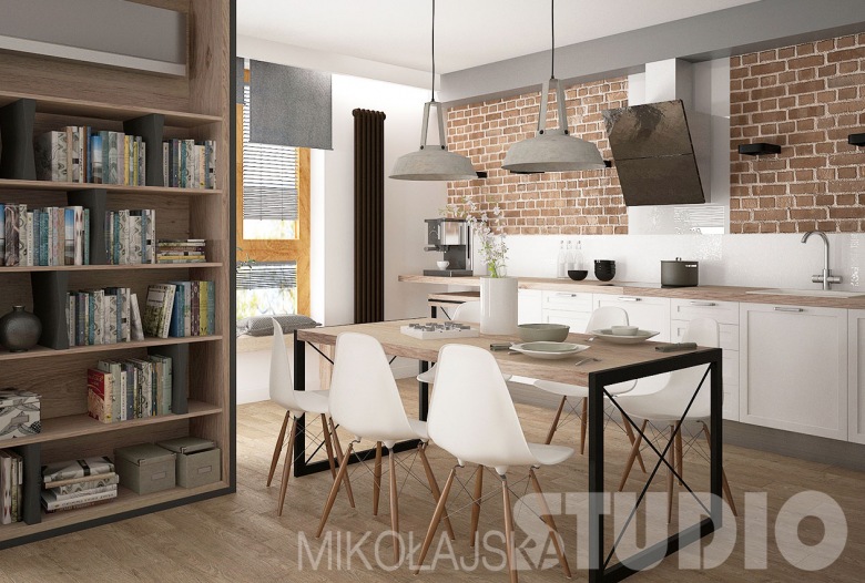 Polski projekt mieszkania w stylu skandynawskim z industrialnymi dodatkami i czerwoną cegłą (52563)
