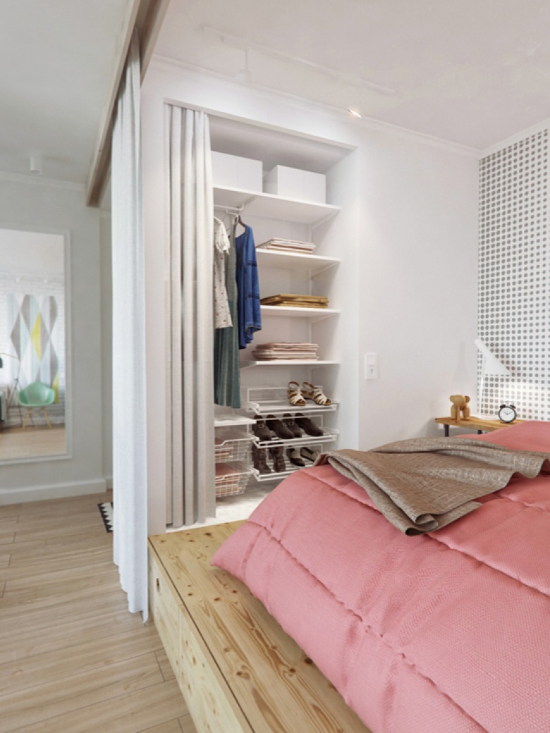 Aneks sypialniany,mała sypialnia,pomysł na małą sypialnię,półki w aneksie sypialni,mała sypialnia,aranzacja sypialni na drewnianym podeście,sypialnia w małym mieszkaniu (36917)