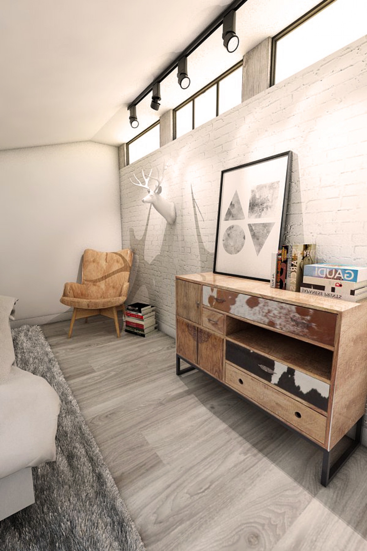 Białe cegły i drewniana podłoga w sypialni (50320)
