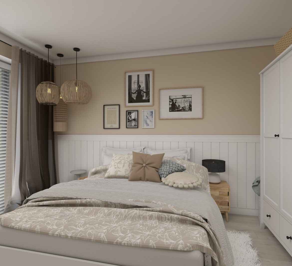Pastelowa sypialni ze sztukaterią za łóżkiem (57088)