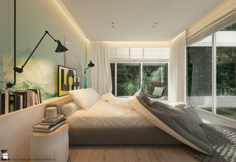 W sypialni atutem są duże okna, które podkreślają jej nowoczesny charakter i w naturalny sposób rozświetlają wnętrze....