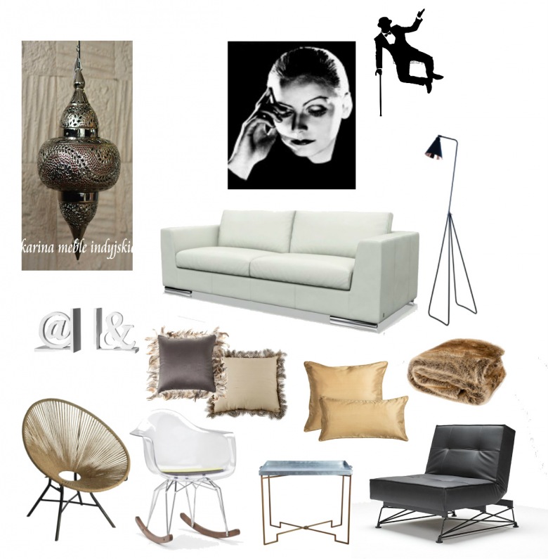 Marokańska lampa,marokański lampion,fotografia Greta Garbo,naklejka czarno-białą,nowoczesna sofa,czarna lampa podłogowa,nowoczesna lampa stojąca,podpórki na książki,poduszki z piórkami,futrzany pled,brązowy koc,nowoczesne fotele,krzesło n (34529)