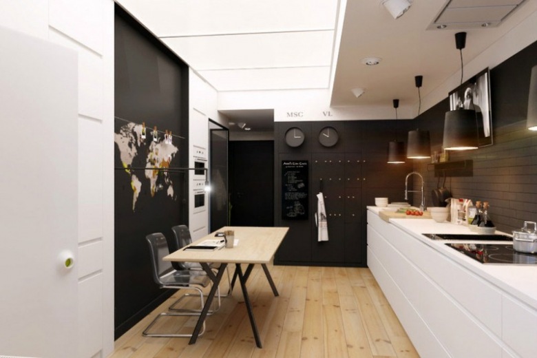 Czarne ściany w białej kuchni z drewnianą podłogą (20845)