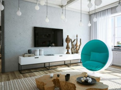 Biały fotel muszla z turkusową tapicerką,nowoczesne szafki pod telewizor i złocony pieniek w roli stolika w salonie (26880)