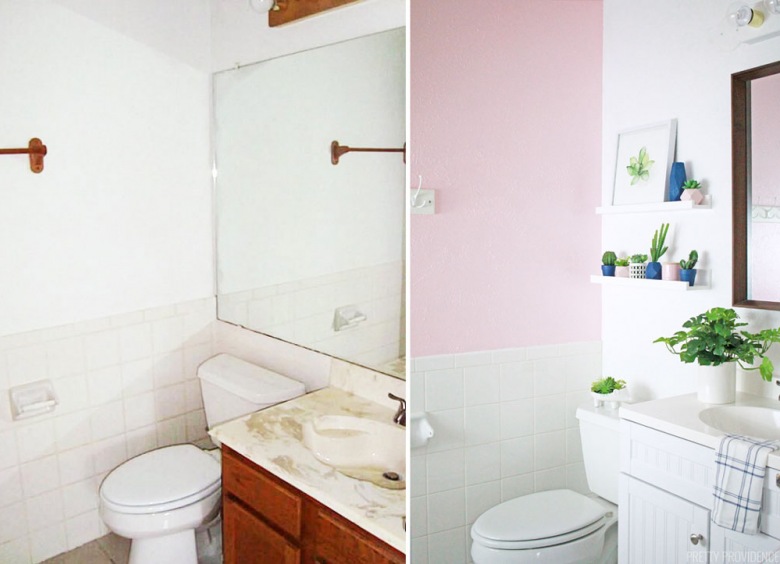 Metamorfoza łazienki jest znacząca. We wnętrzu po remoncie dominuje pastelowa kolorystyka z jasnym różem. Aranżacja...
