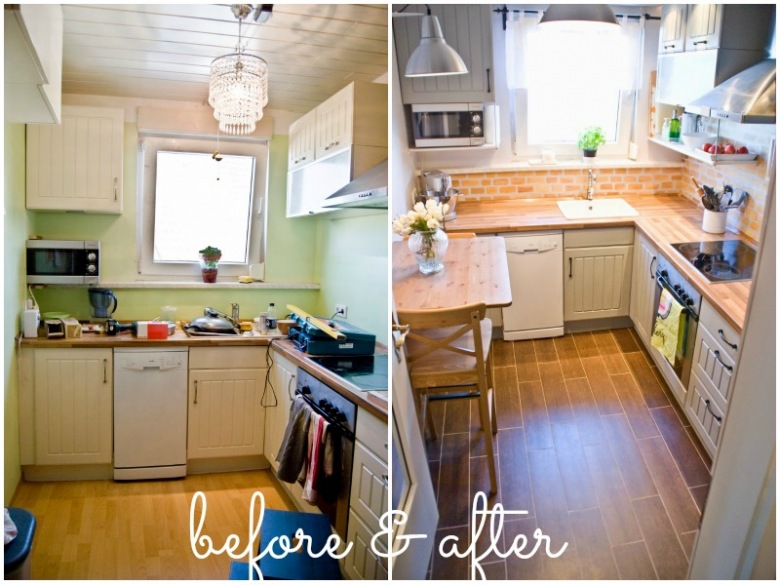 Efektowne before & after niewielkiej kuchni, w której układ oraz umeblowanie pozostały te same, jednak całkowicie...