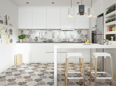 Biała kuchnia w stylu skandynawskim z mozaiką na podłodze (52614)