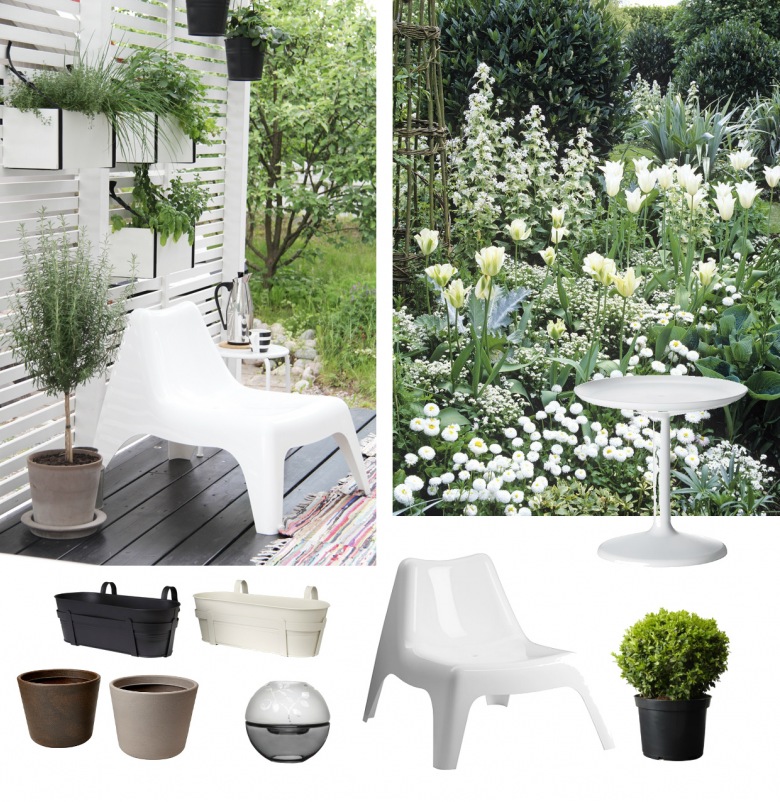 Mały taras,biały taras,biały ogród,mały ogródek,białe meble ogrodowe,szare doniczki,wazony (33027)