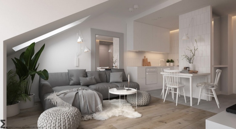 Projekt nowoczesnego mieszkania na poddaszu w biało-szarej palecie barw (53144)