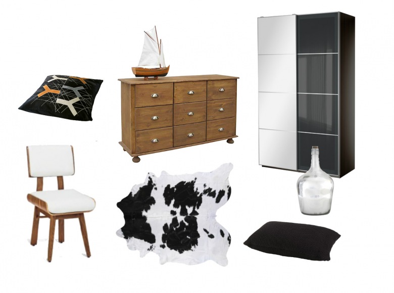 Salon sypialnia dodatki,drewniana klasyczna komoda,drewniane krzesło z białą tapicerką,biało-czarna szafa,biało-czarny dywan,skóra bydlęca,sklana butla,odobne poduszko,czarne poduszki (33808)