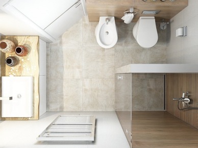 Aranżacja biało-beżowej łazienki z kabiną z natryskiem - rzut z góry (25480)