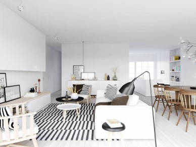Skandynawski salon w otwartym widoku z jadalnią z detalami z drewna i paskami w czarno-białym kolorze (24848)