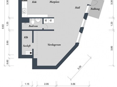 Plan 50 m2 - nietypowego mieszkania z łózkiem na antresoli (20932)
