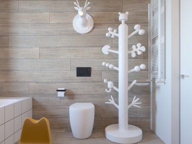 Drewniane panele na ścianie w łazience nawiązują do tych na podłodze. Tworzą jednolitą przestrzeń, która wzbogaca wnętrze o naturalny ciepły...