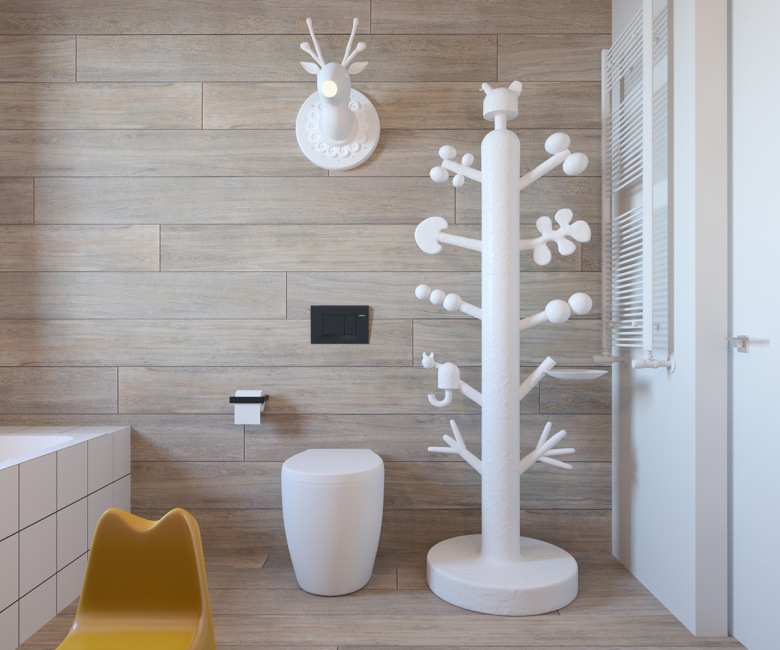 Drewniane panele na ścianie w łazience nawiązują do tych na podłodze. Tworzą jednolitą przestrzeń, która wzbogaca...