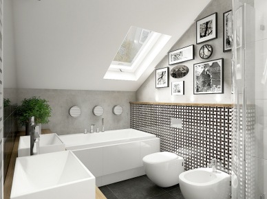 Biało-czarna glazura w drobne wzory na scianie w łazience ze skośnym dachem,grafitowo-szara posadzka,drewniana szafka z umywalką i galeria czarno-buiałych fotografii na ścianach (26031)