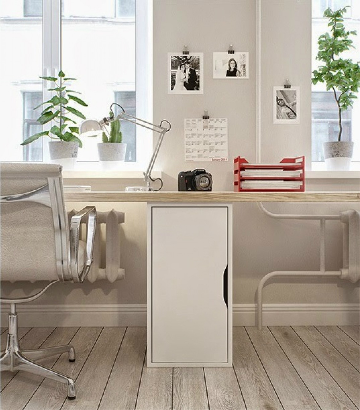 Długie biurko z drewnianym blatem i białą szafką pod oknem w salonie (26305)